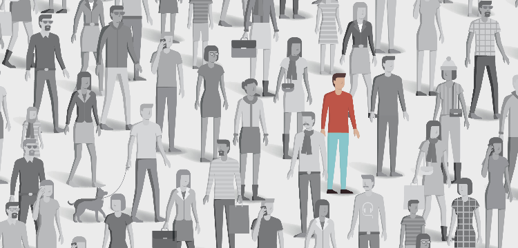 Illustration of a crowd of people with one person emphasized