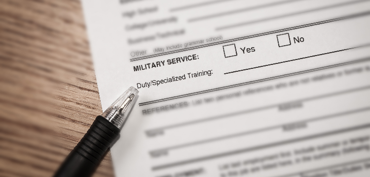 Close up of job application with "military service" section in focus