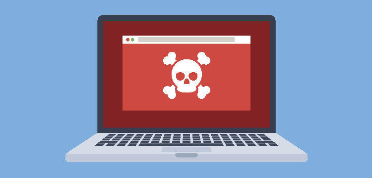 Illustration of laptop screen with web browser open, showing a white skull and crossbones on a red background