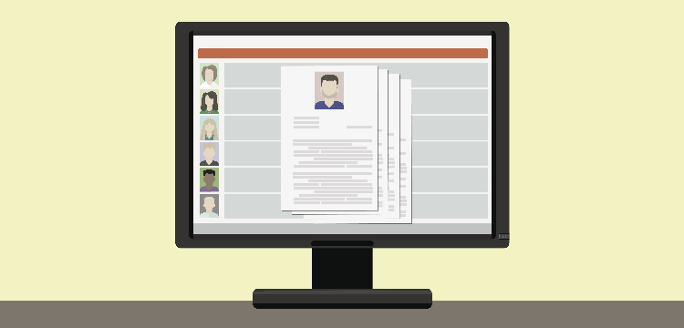 Graphic of computer monitor with resumes displayed on it
