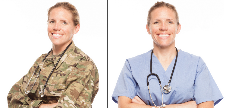 Side by side photos of veteran in military uniform and nurse's uniform